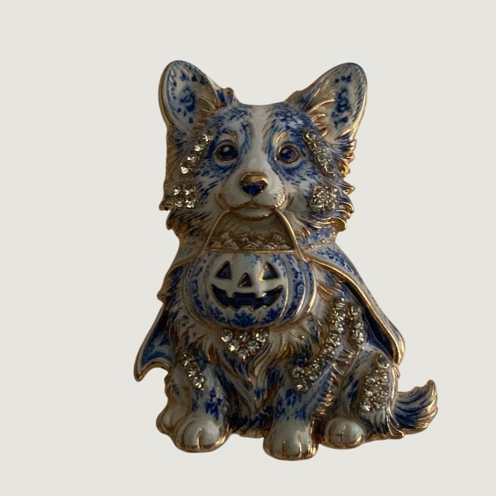 Halloween Corgi Dog Brooch Blue Enamel Crystal Vampire Cape Pin